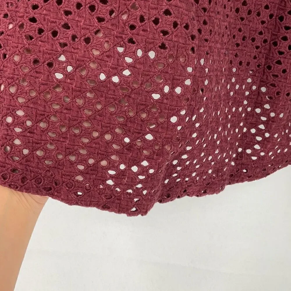 Anthropologie Maroon Eyelet V-Neck Balloon Sleeve Pullover Sweatshirt Size XS